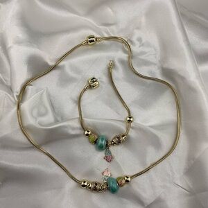 Gold and Green Charm Necklace and Bracelet Set